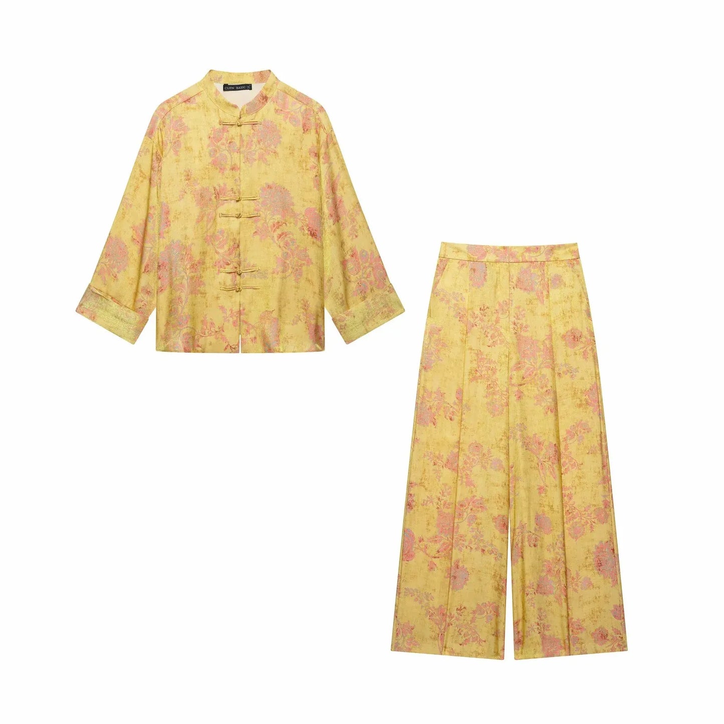 Women Yellow Floral Printing 2-Piece Set Women Stand Collar Long Sleeve Shirt + High Waist Wide Leg Pants Loose Lady Suit