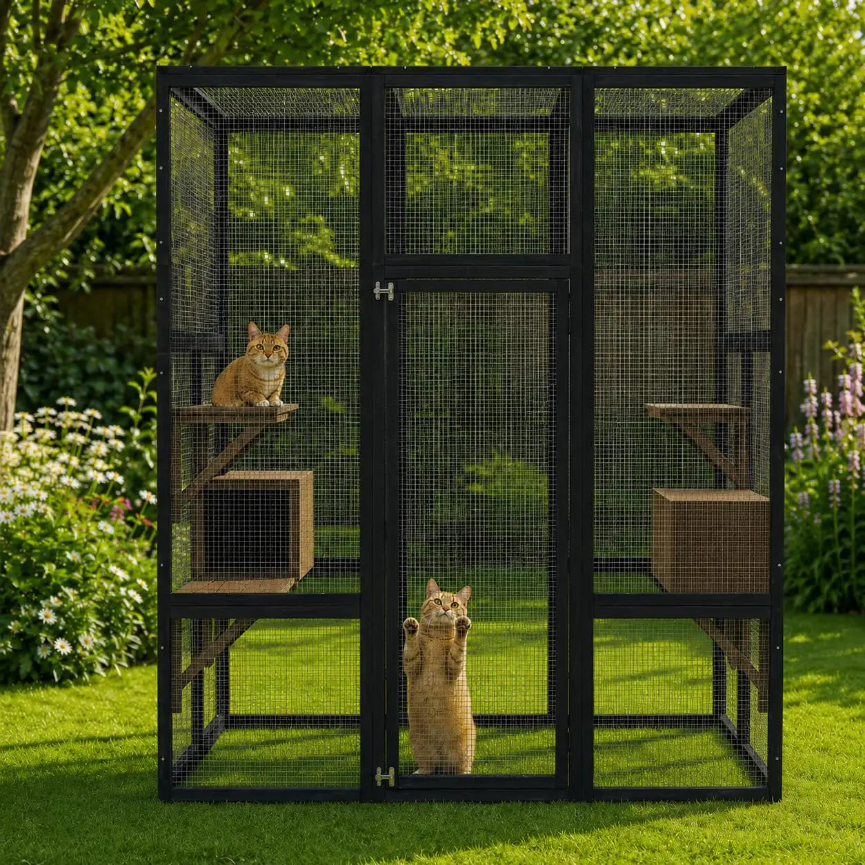 70in Outdoor Catio Cat Enclosure, Large Wooden Cat House With Waterproof UV Roof, 5 Platforms 2 Rest Boxes For Patio Backyard Cats