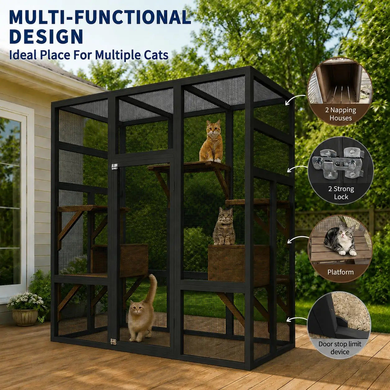 70in Outdoor Catio Cat Enclosure, Large Wooden Cat House With Waterproof UV Roof, 5 Platforms 2 Rest Boxes For Patio Backyard Cats