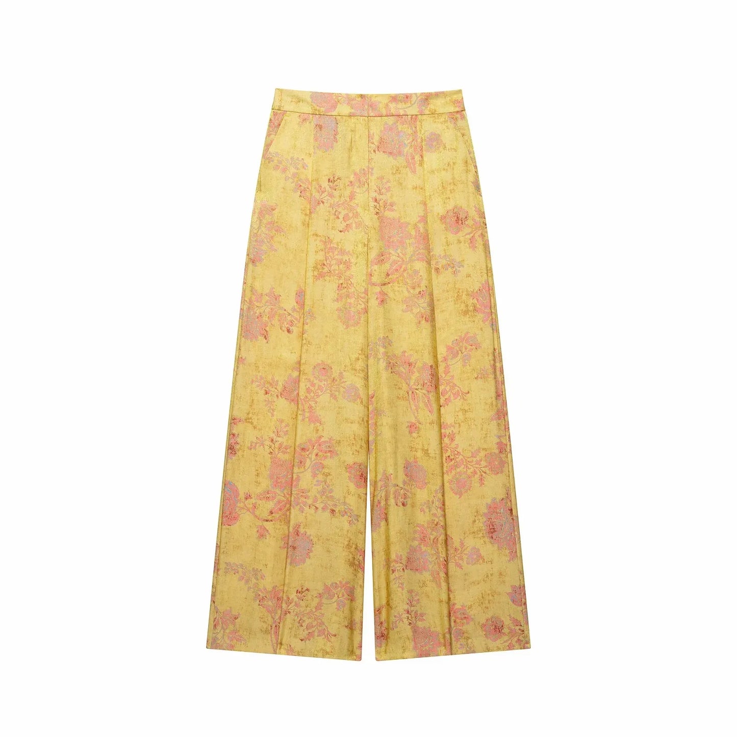 Women Yellow Floral Printing 2-Piece Set Women Stand Collar Long Sleeve Shirt + High Waist Wide Leg Pants Loose Lady Suit