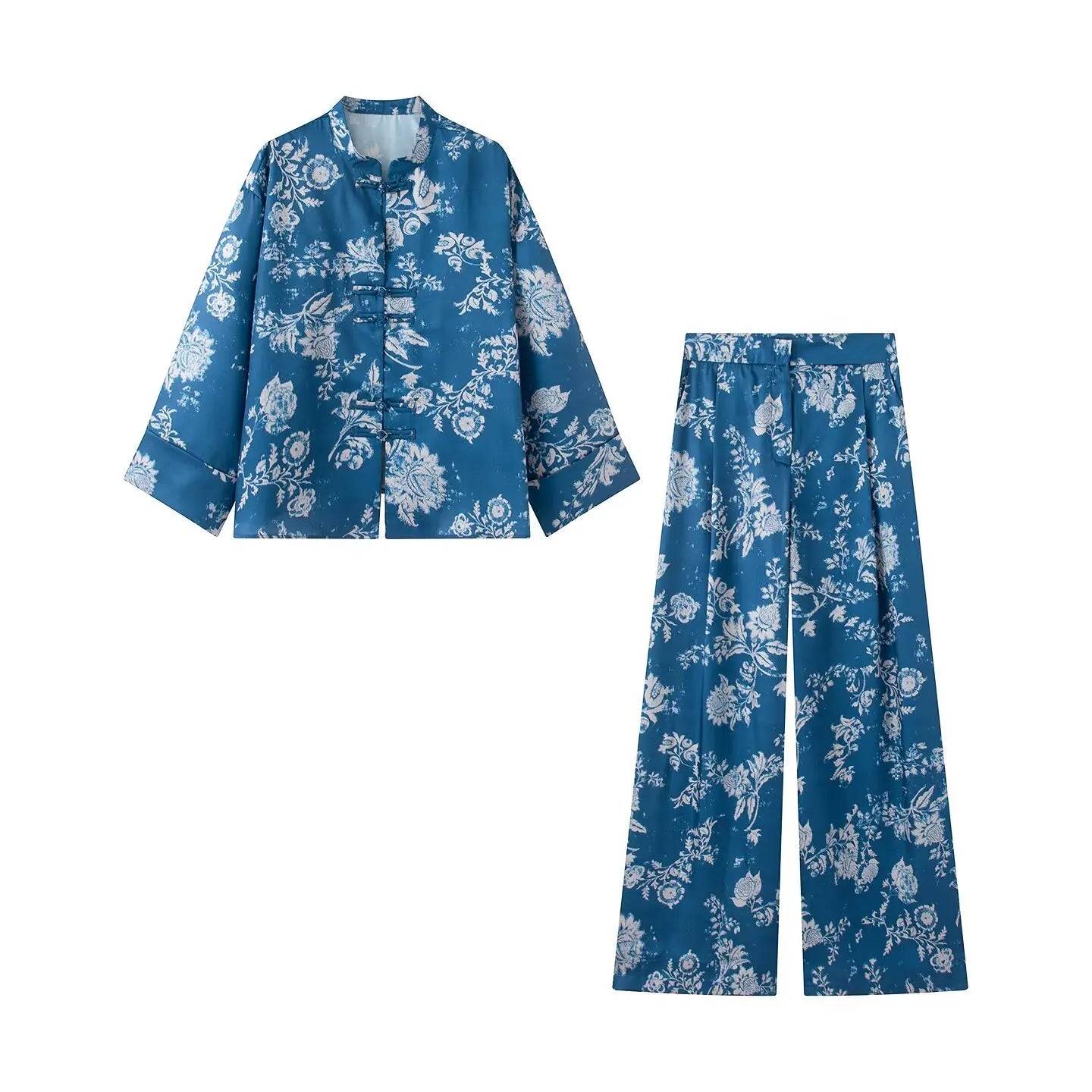 Women Yellow Floral Printing 2-Piece Set Women Stand Collar Long Sleeve Shirt + High Waist Wide Leg Pants Loose Lady Suit