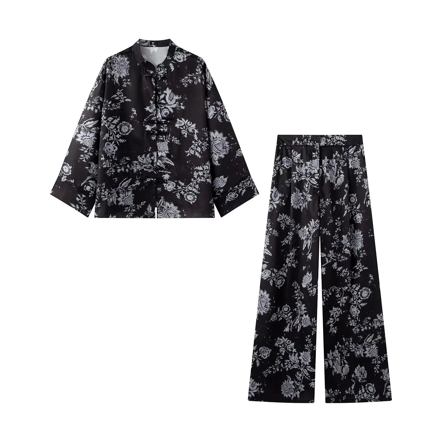 Women Yellow Floral Printing 2-Piece Set Women Stand Collar Long Sleeve Shirt + High Waist Wide Leg Pants Loose Lady Suit