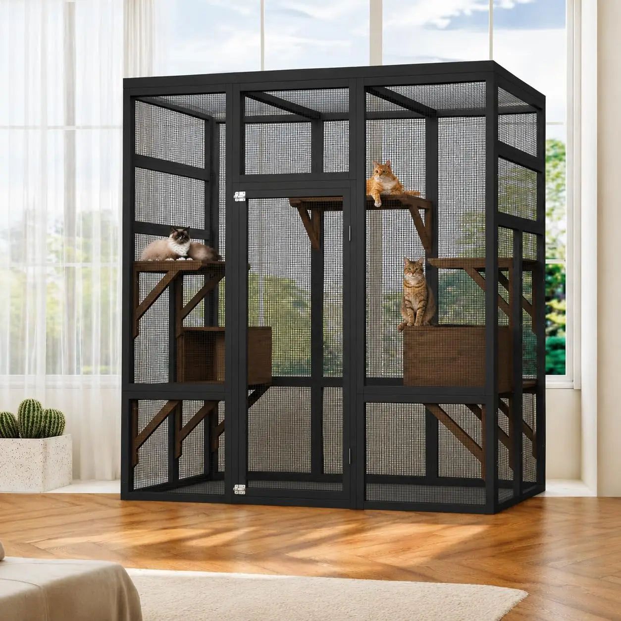 70in Outdoor Catio Cat Enclosure, Large Wooden Cat House With Waterproof UV Roof, 5 Platforms 2 Rest Boxes For Patio Backyard Cats