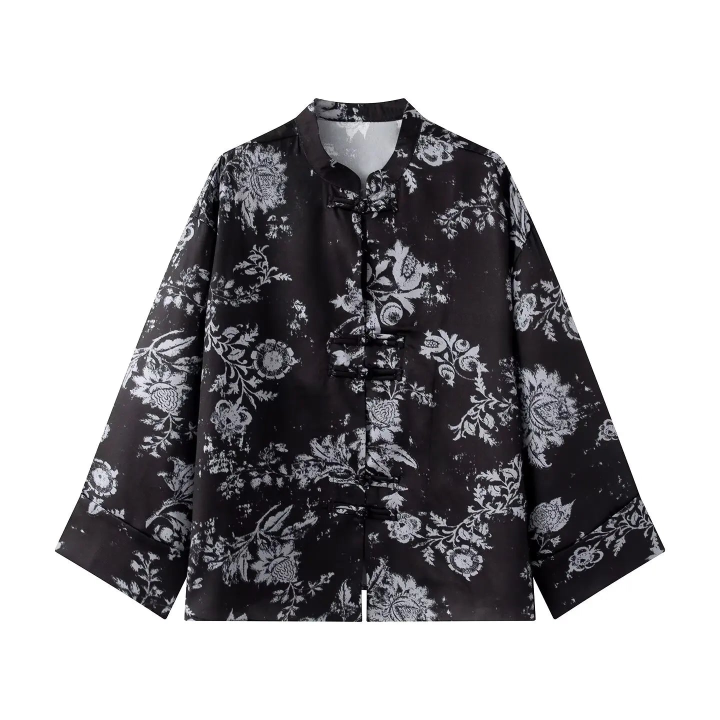 Women Yellow Floral Printing 2-Piece Set Women Stand Collar Long Sleeve Shirt + High Waist Wide Leg Pants Loose Lady Suit
