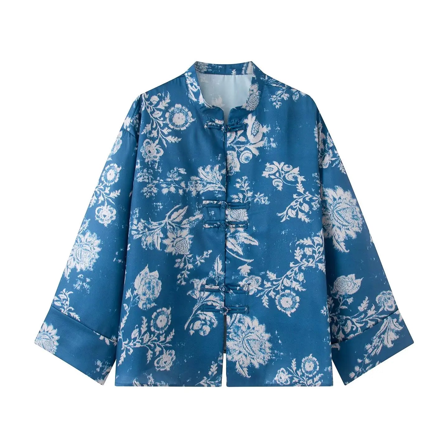 Women Yellow Floral Printing 2-Piece Set Women Stand Collar Long Sleeve Shirt + High Waist Wide Leg Pants Loose Lady Suit