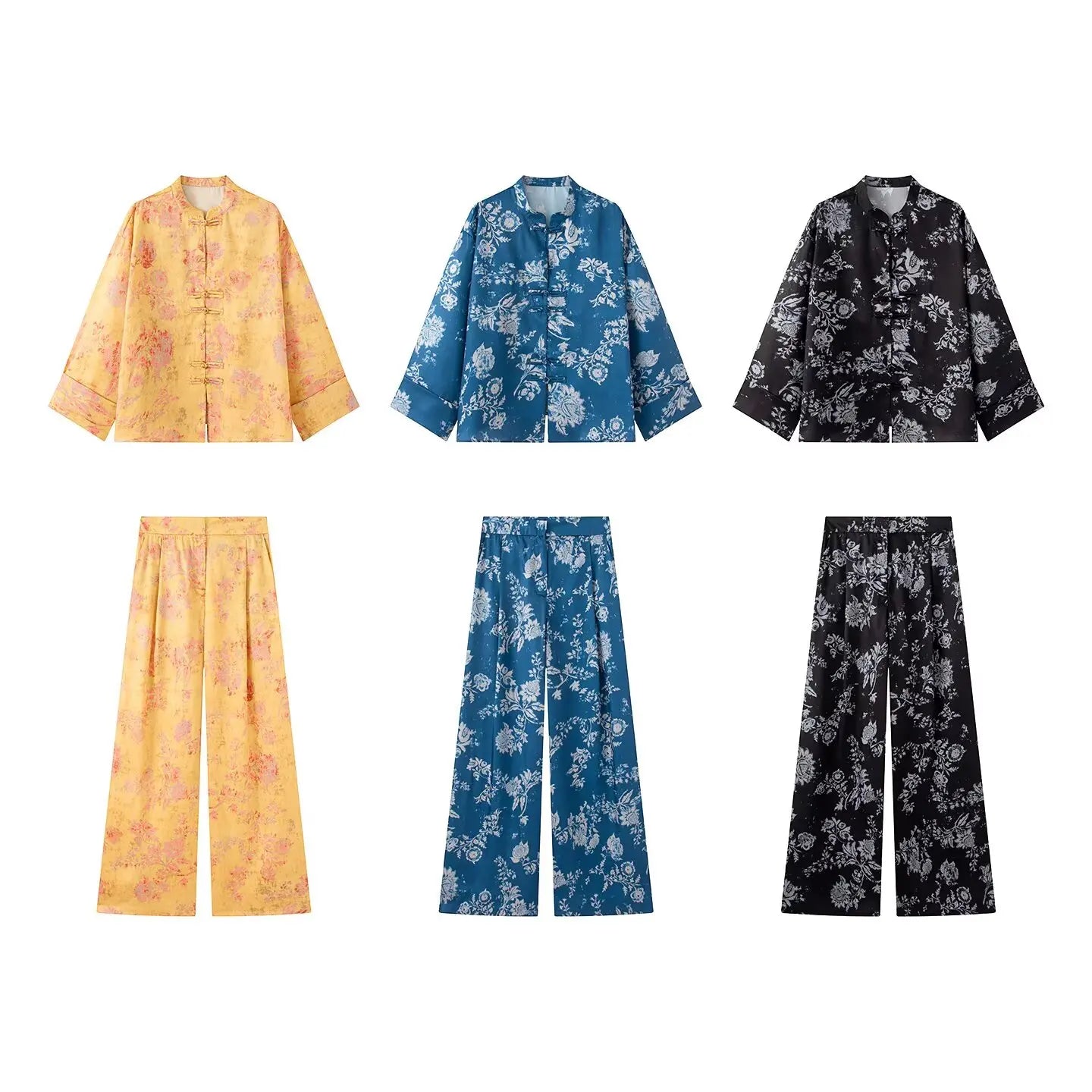 Women Yellow Floral Printing 2-Piece Set Women Stand Collar Long Sleeve Shirt + High Waist Wide Leg Pants Loose Lady Suit