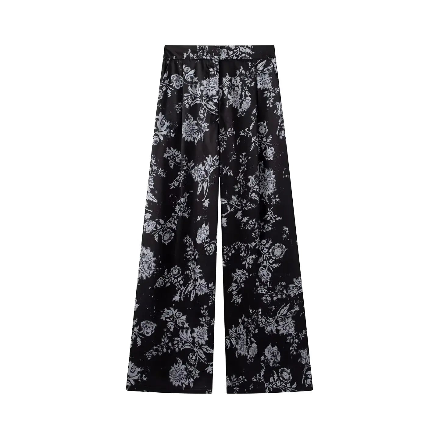 Women Yellow Floral Printing 2-Piece Set Women Stand Collar Long Sleeve Shirt + High Waist Wide Leg Pants Loose Lady Suit